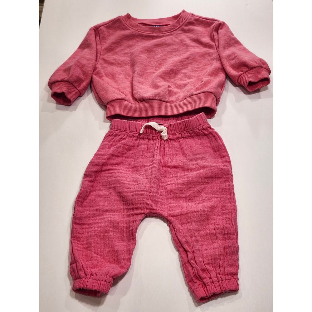 Old Navy Girl Muslin Gauze Pull On Pant Sweatshirt Pink Set Sz 3-6 months K0003